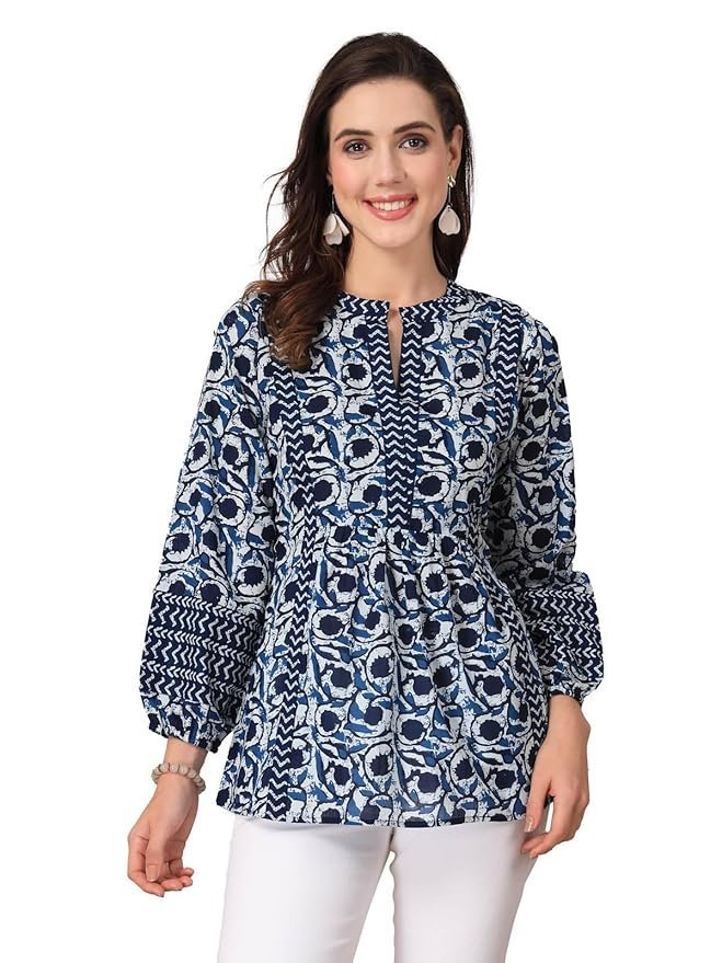 71wXvu+f0IL._SY879_ Polyester Women's Floral Placement 3/4 Sleeve and Keyhole Neck Printed Short Kurti (Copy) - Image 1